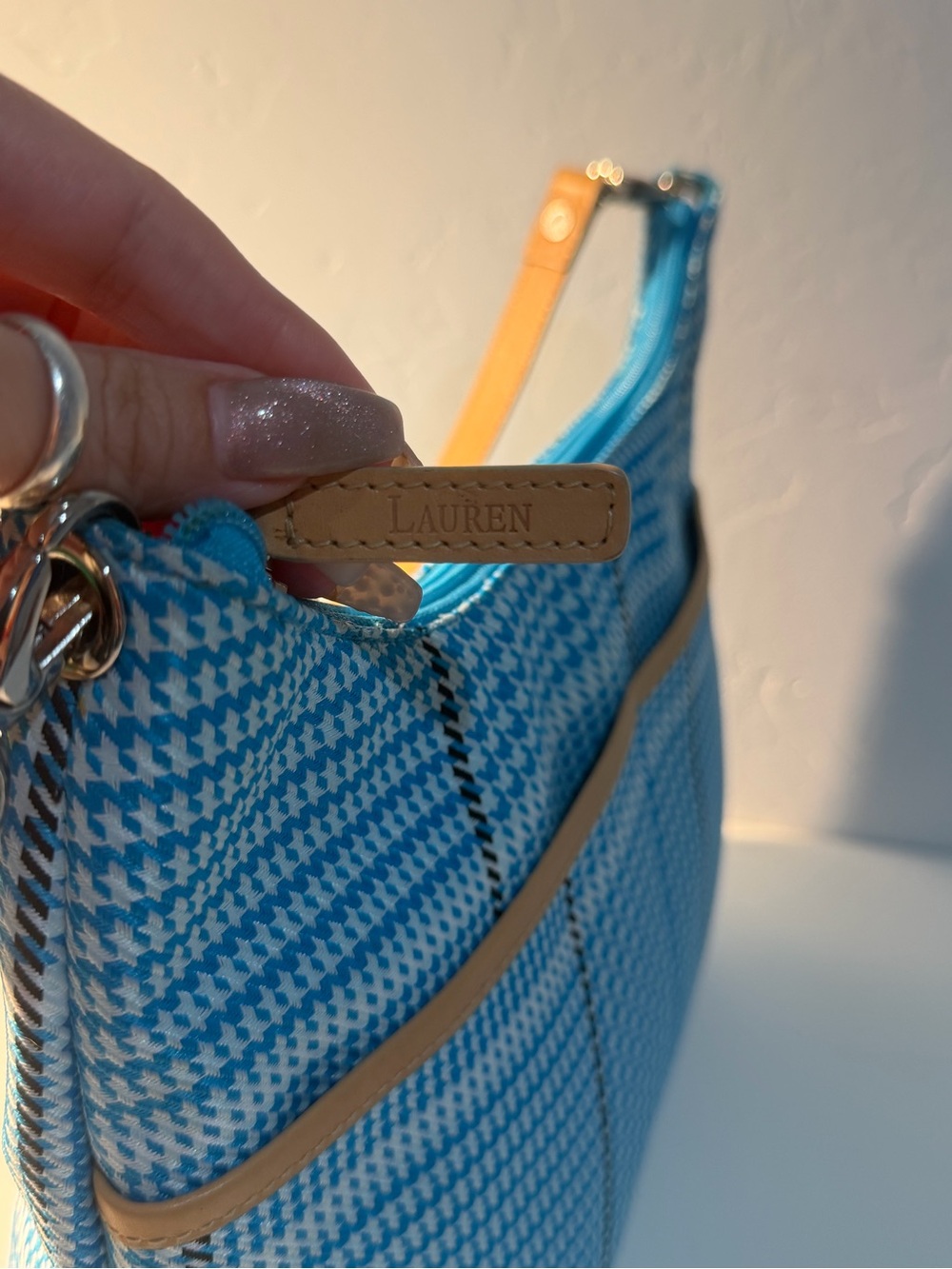 Ralph Lauren Houndstooth Shoulder Bag Vintage Plaid Fabric Purse with Leather - Picture 6 of 12